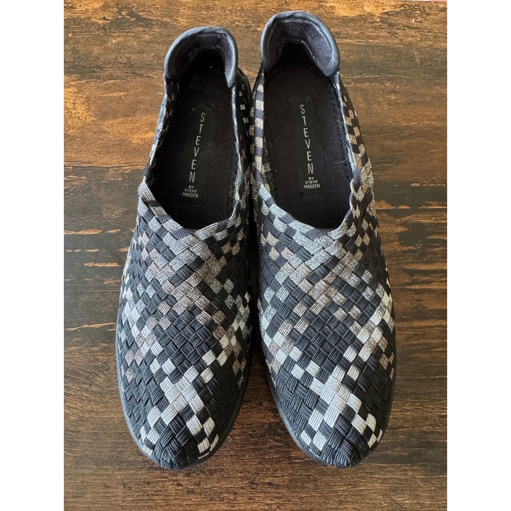 Steven by Steve Madden Betsi Woven Wedge Sneakers Black Silver Grey Size 7